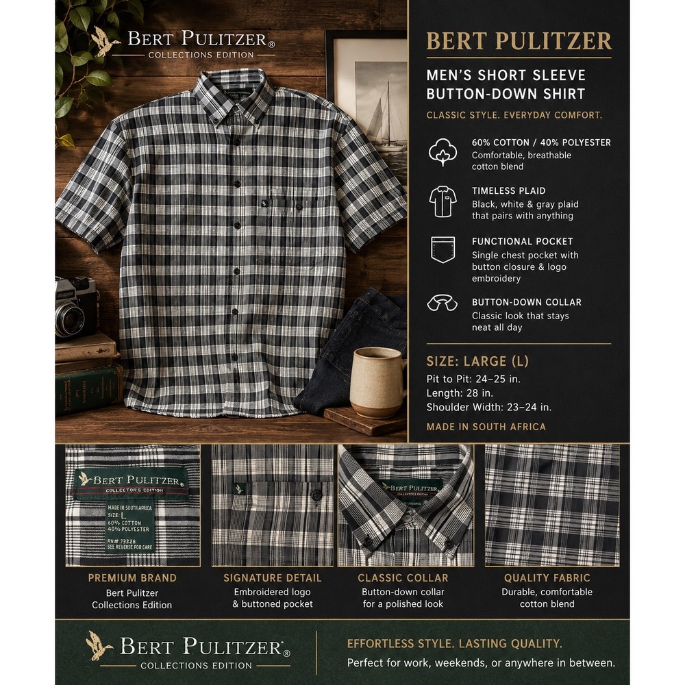 Bert Pulitzer Men's Large Black Plaid Short Sleeve Button-Down Cotton Blend